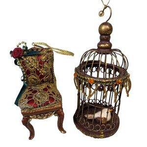 Vintage Mini Metal and Wood Birdcage and Chair Christmas Holiday Ornament Lot